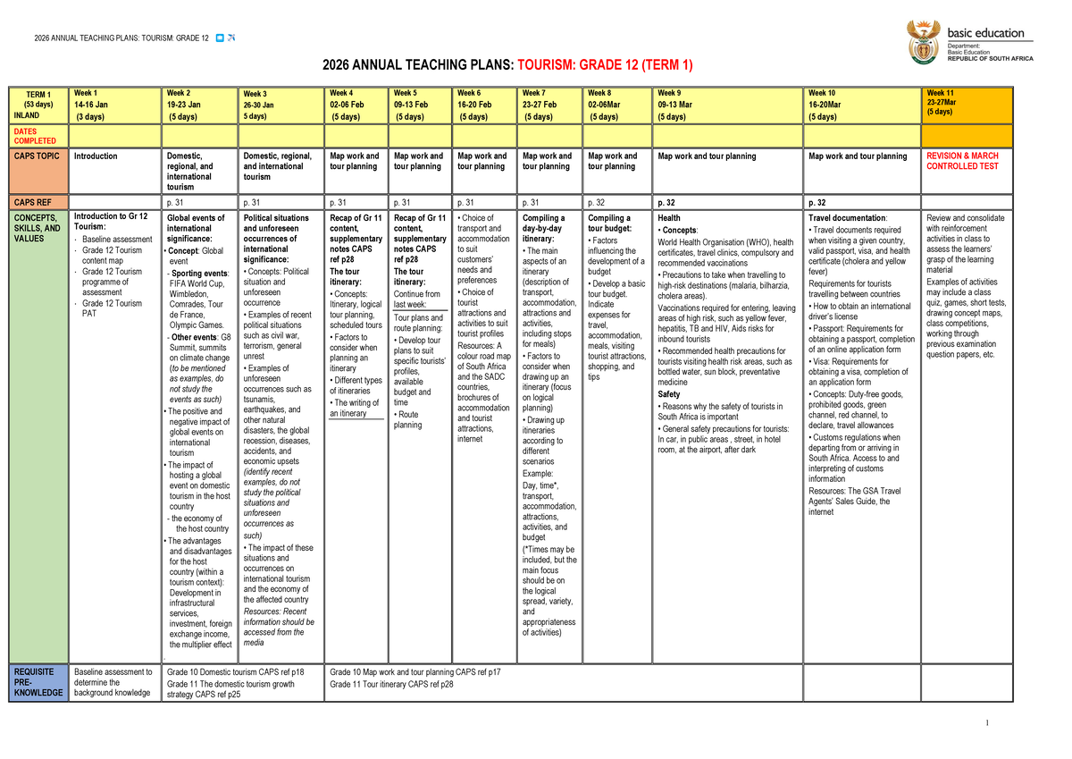 2026 ANNUAL TEACHING PLANS: TOURISM GRADE 12 (TERM 1-4) - Studocu