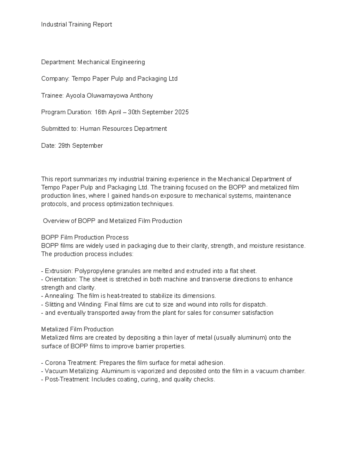 Industrial Training Report: Mechanical Engineering at Tempo Paper Pulp ...