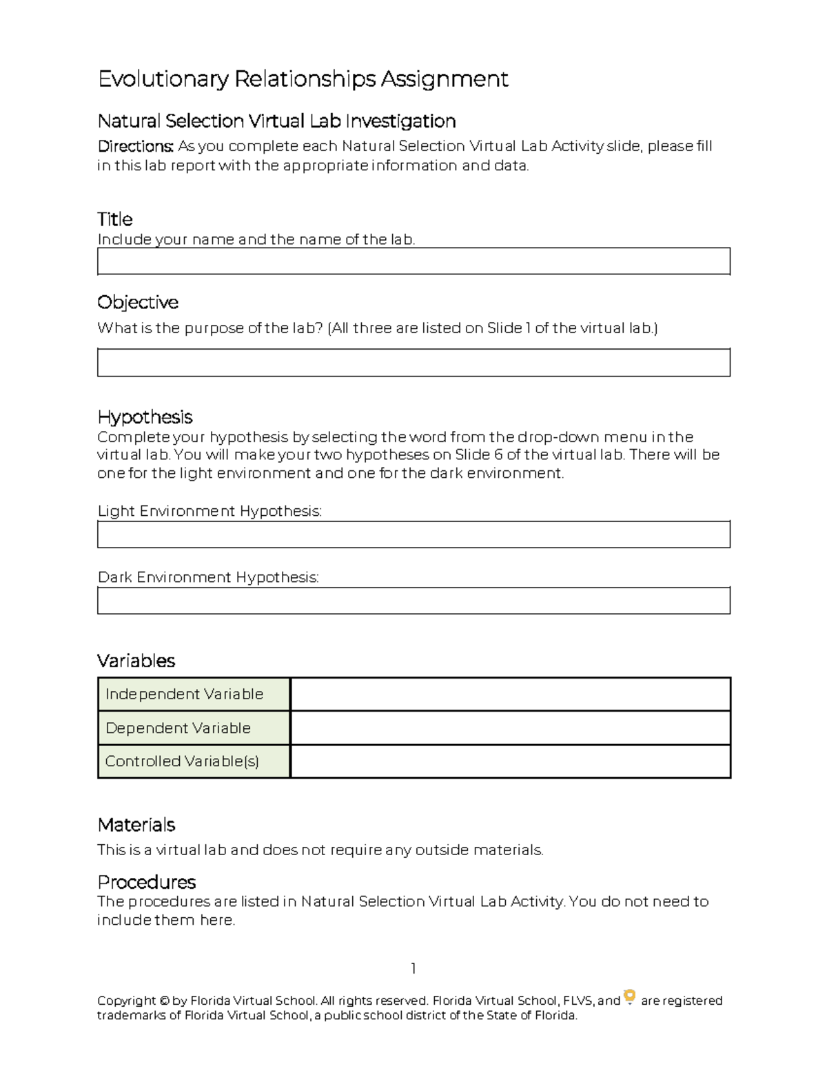 Evolutionary Relationships Assignment: Natural Selection Lab Report (05 ...