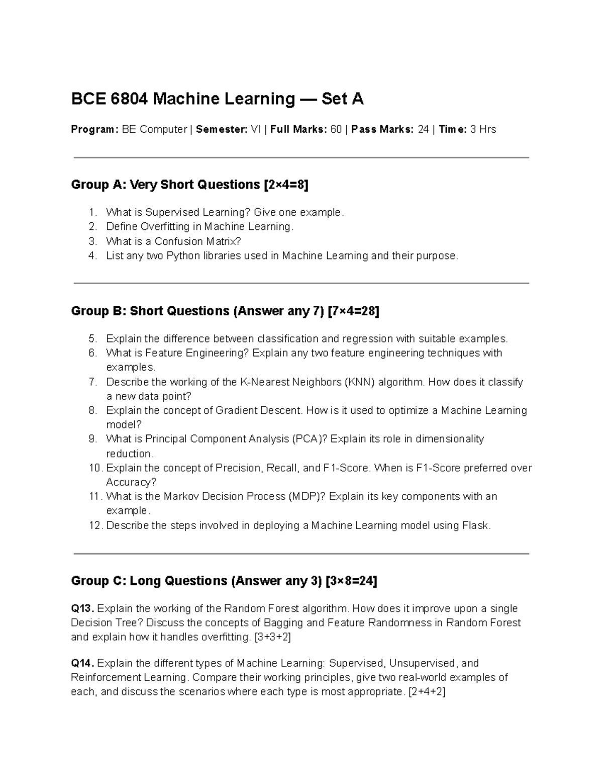 BCE 6804 Machine Learning Practice Set: Questions & Concepts Review ...