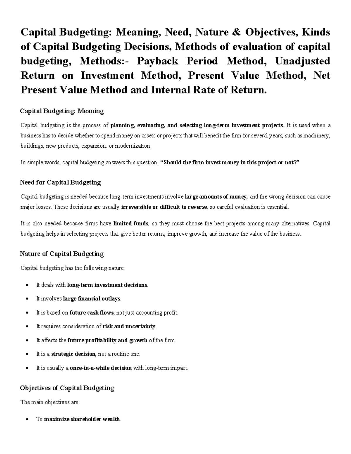 Capital Budgeting: Meaning, Need, Nature & Evaluation Methods - Studocu