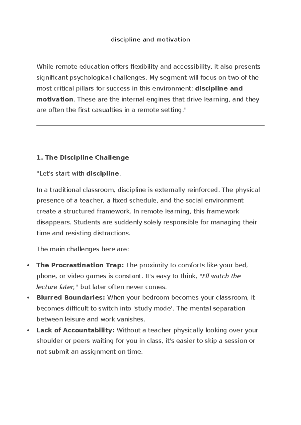 Discipline and Motivation in Remote Learning: Key Challenges - Studocu