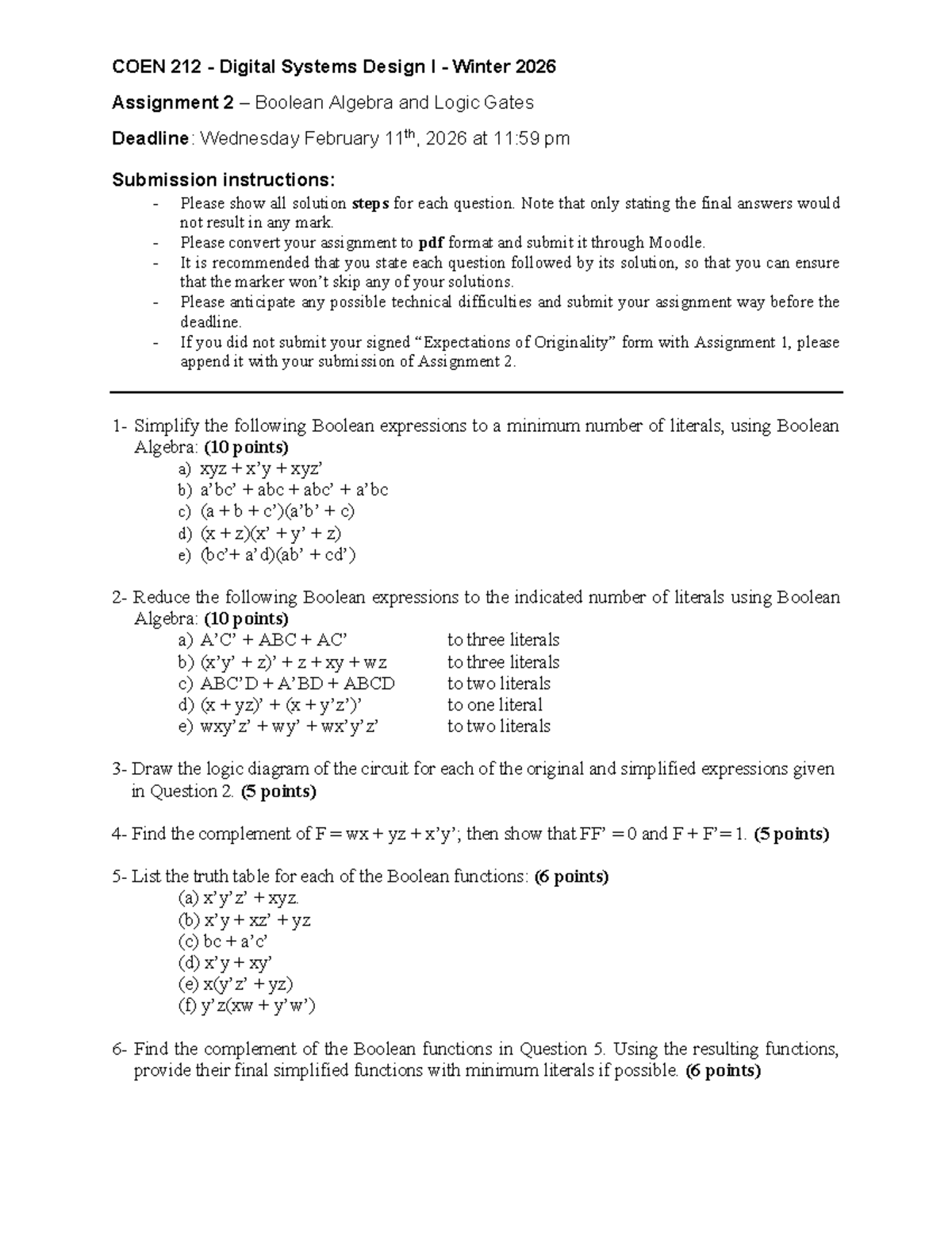 COEN 212 Winter 2026 Assignment 2: Boolean Algebra & Logic Gates - Studocu
