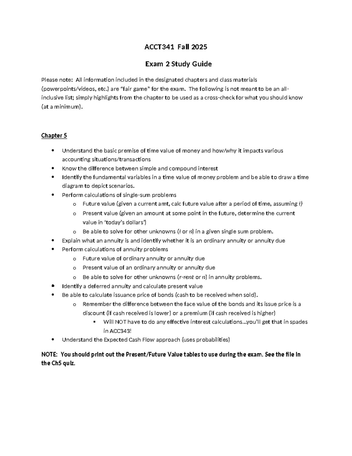ACCT341 Fall 2025 Exam 2 Study Guide: Time Value of Money & Receivables ...