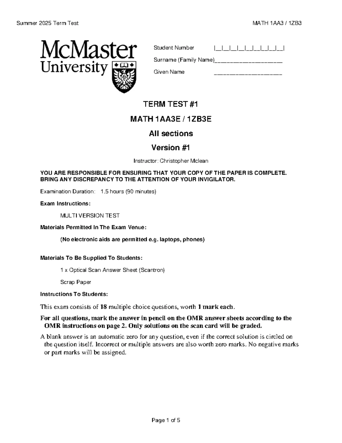 Summer 2025 Term Test Instructions for MATH 1AA3 1ZB3 Students - Studocu