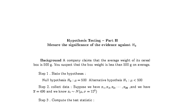 Hypothesis Testing Part II: Significance of Evidence Against H0 - Studocu