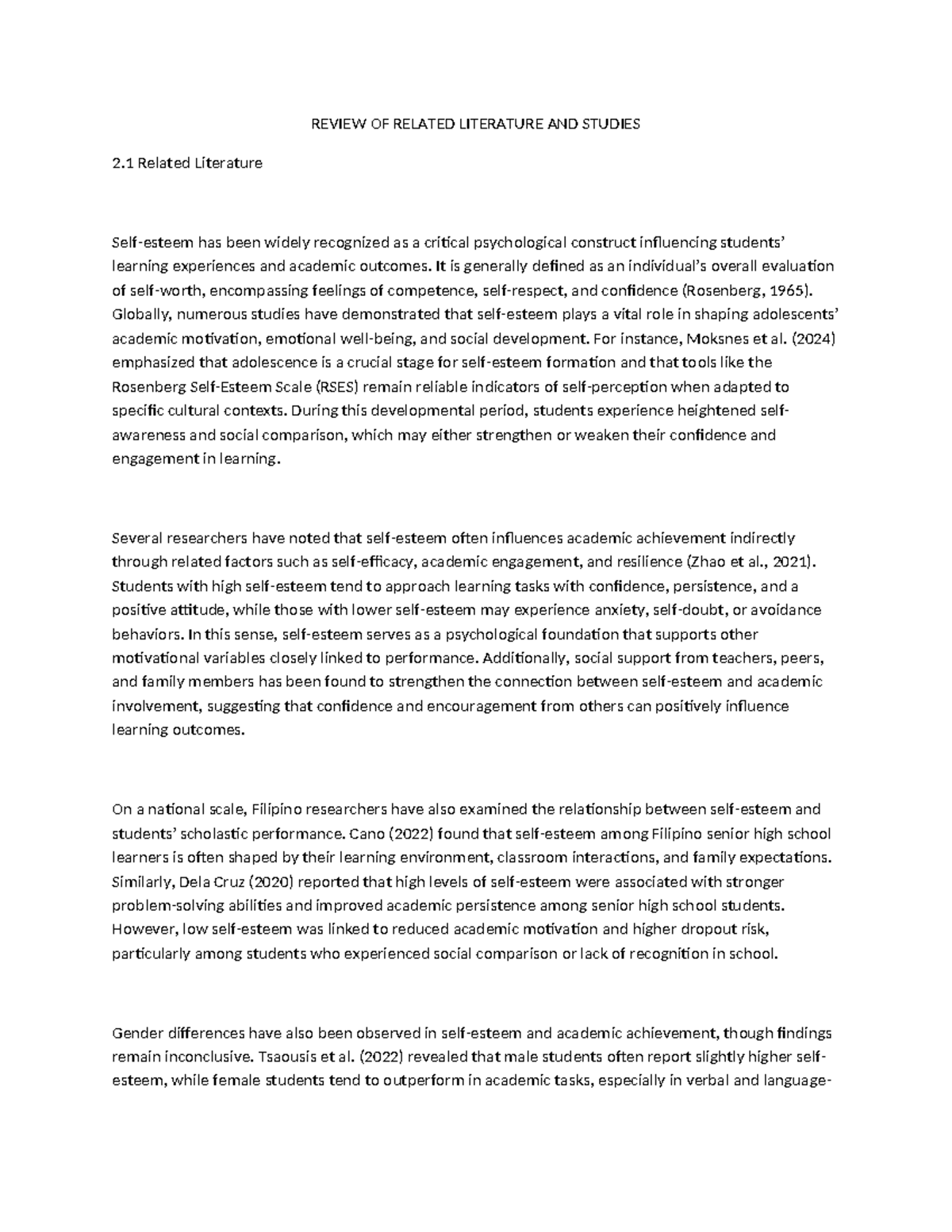 RRL: The Association of Self-Esteem and Academic Performance - Studocu