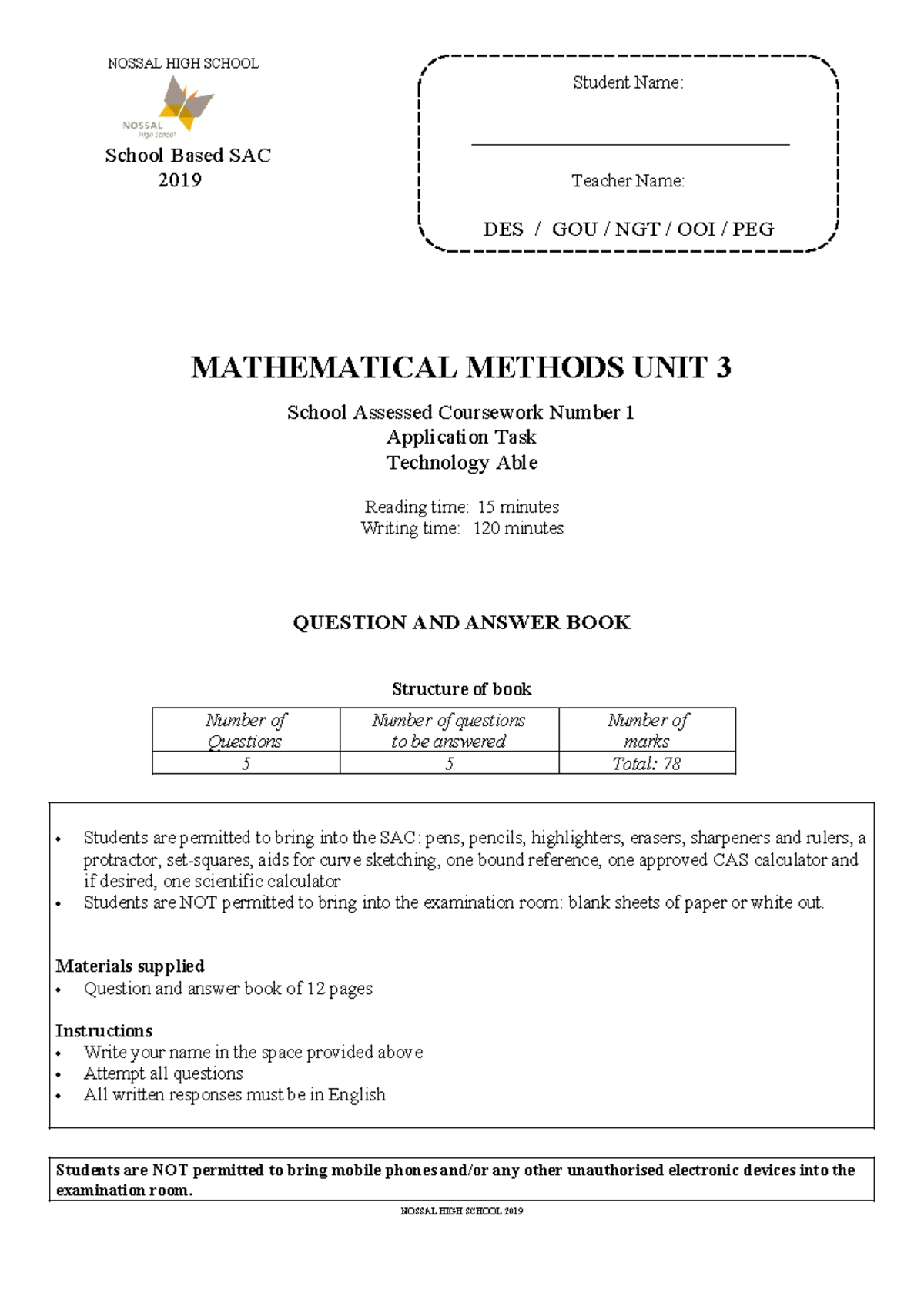 2019 MATHEMATICAL METHODS UNIT 3 SAC 1 Application Task - Studocu