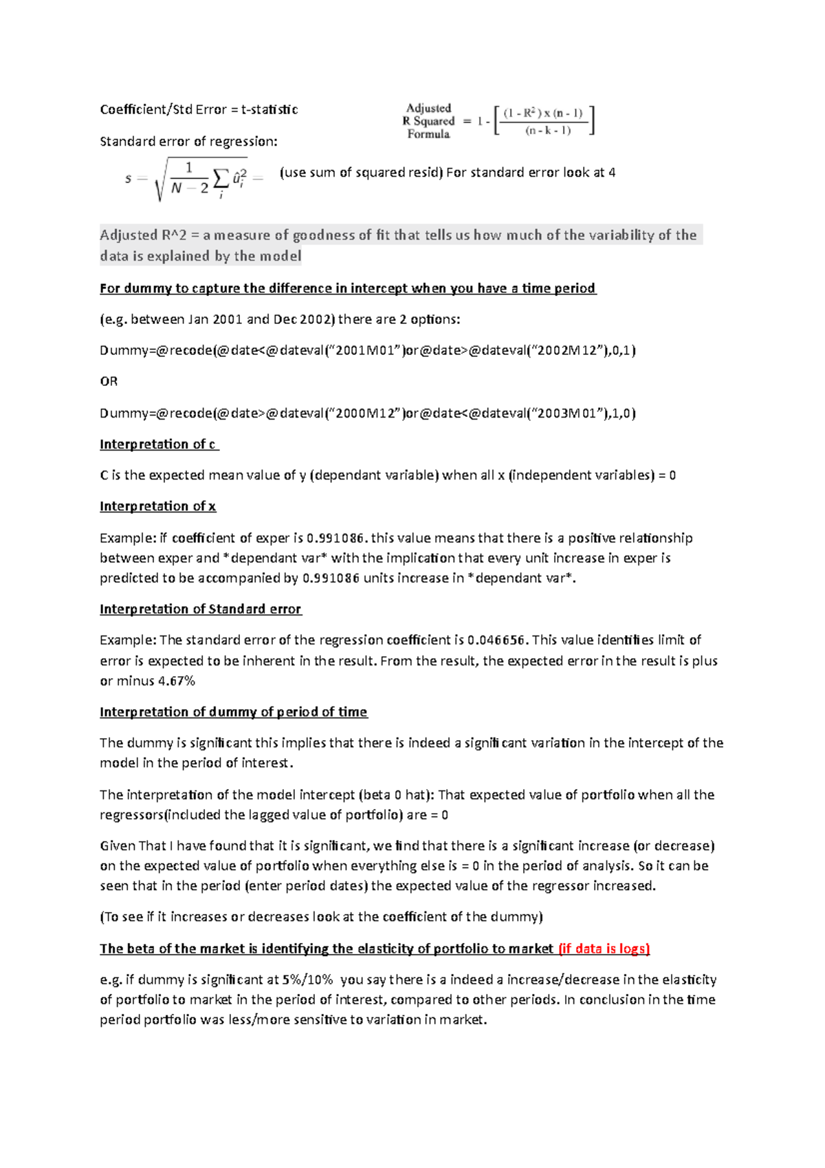 Econ 201: Interpretations of EViews Regression Analysis - Studocu