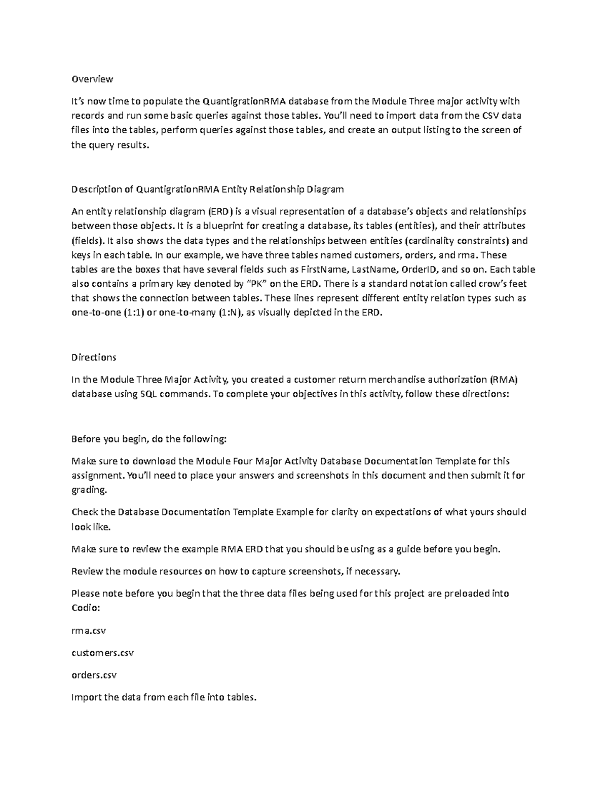 QuantigrationRMA Module Four Major Activity: Database Practice Guide ...