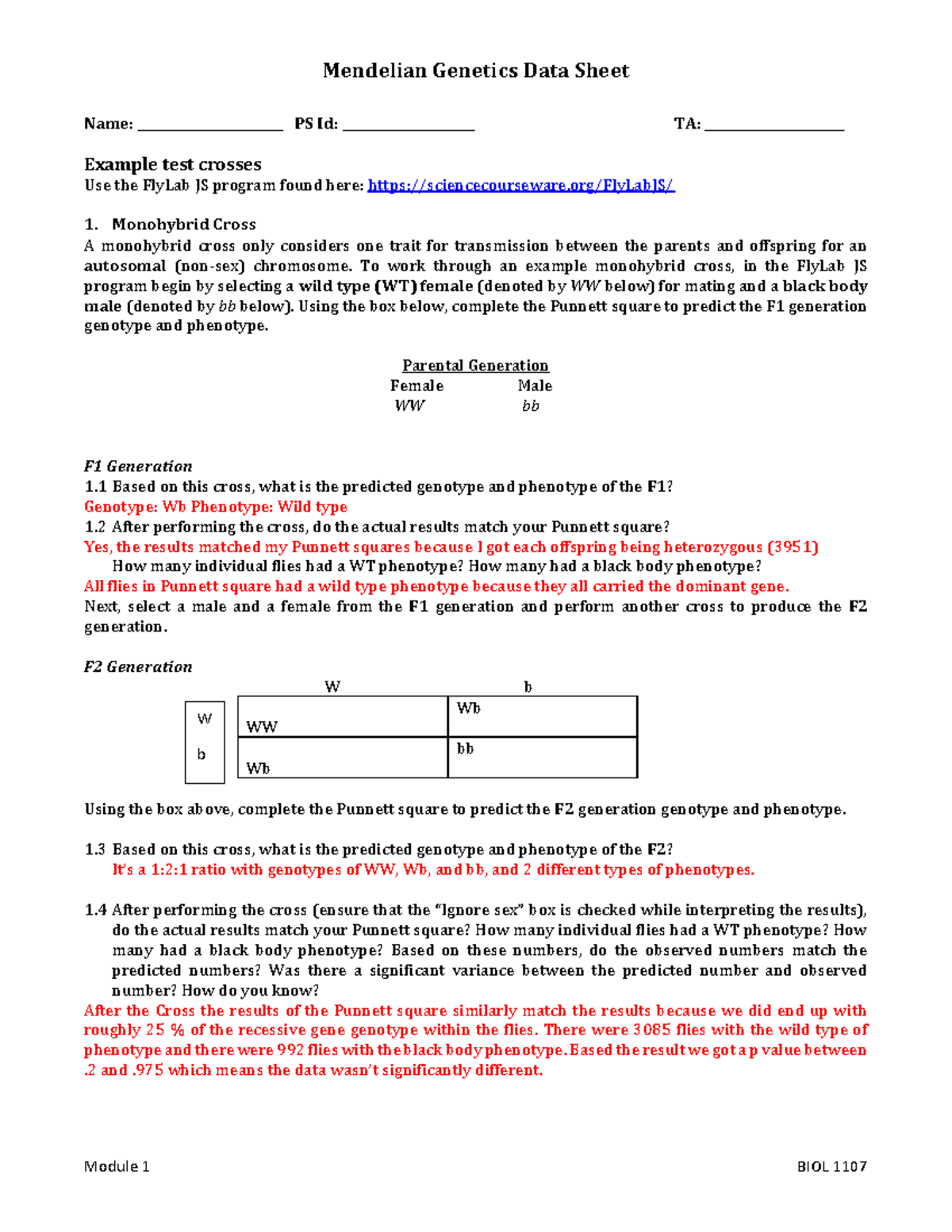 Mod 1 Lab Report: Monohybrid and Dihybrid Crosses in Drosophila - Studocu