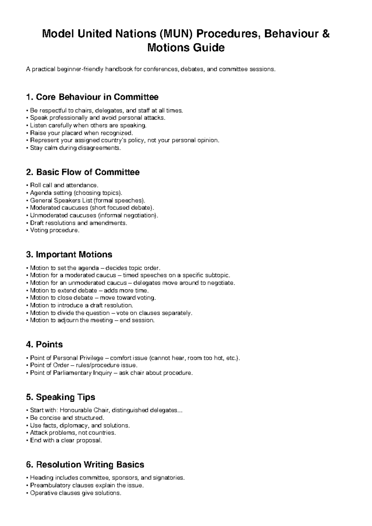 MUN Procedures Guide: Essential Motions & Behaviour Tips - Studocu