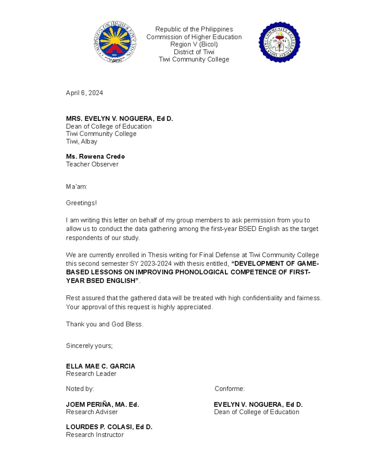 Letter for data gathering - Republic of the Philippines Commission of ...