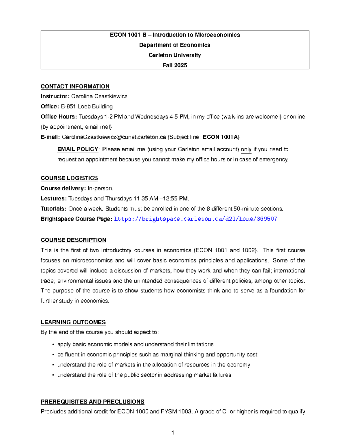 ECON 1001B Microeconomics Course Overview - Fall 2025 - Studocu