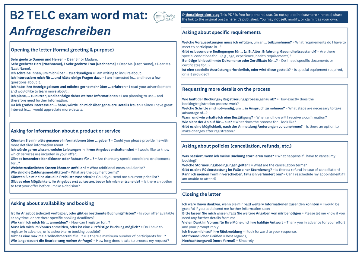 B2 TELC Writing Exam Word Mat: Formal Letters & Complaints - Studocu
