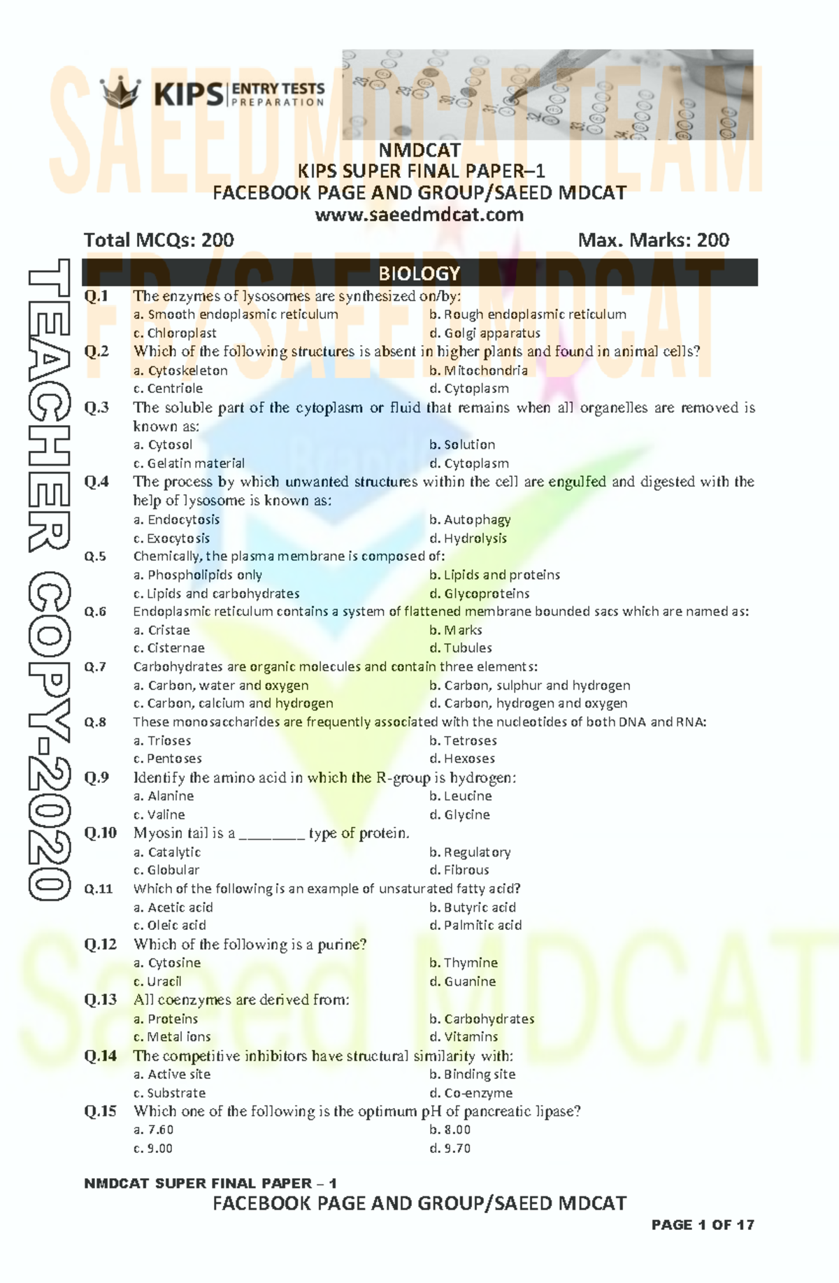 KIPS NMDAT(P) Super Final Paper – 1 by Saeed MDcat Platform - Studocu