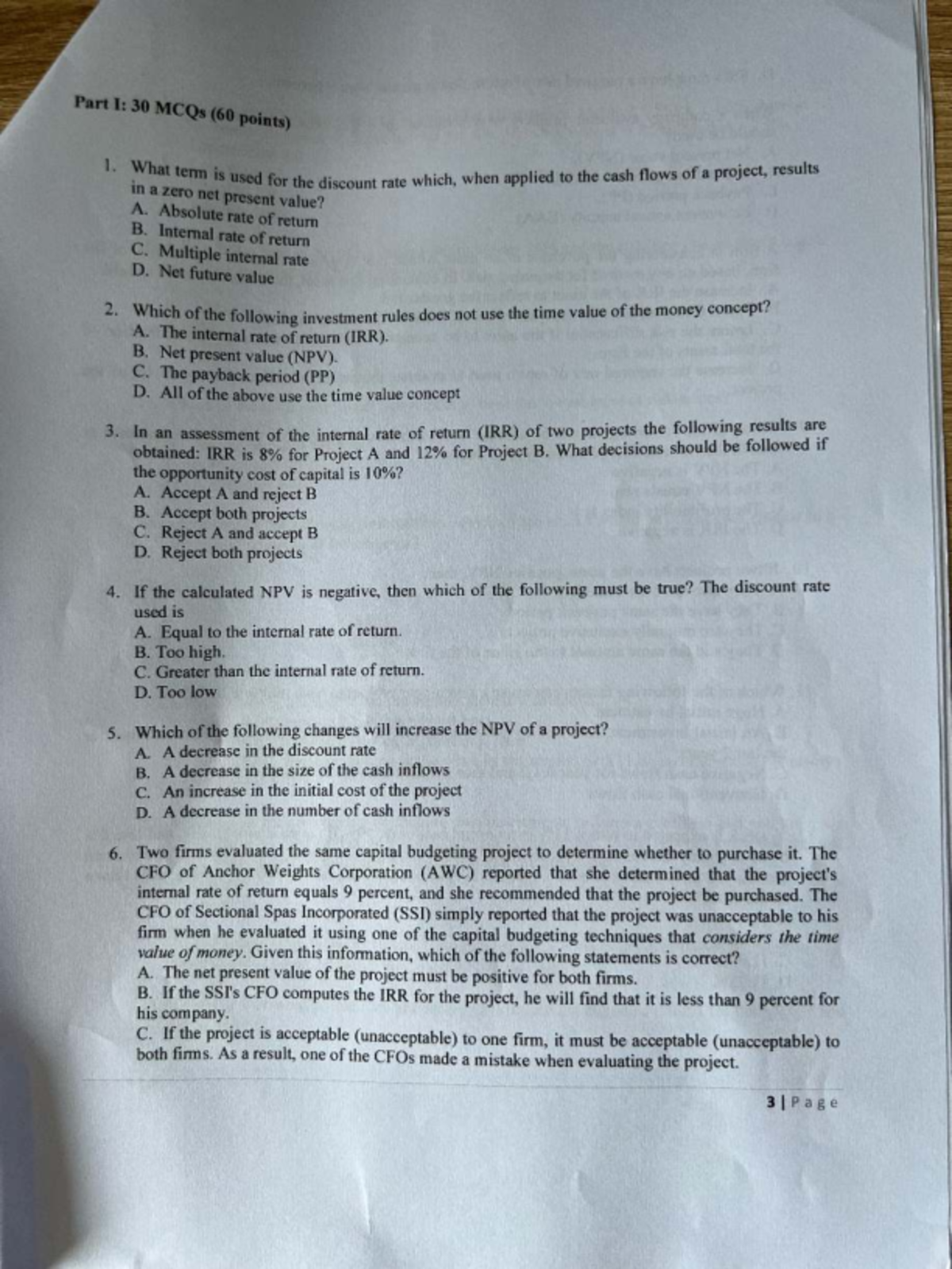Exam 2: 30 MCQs on Capital Budgeting and Investment Analysis - Studocu