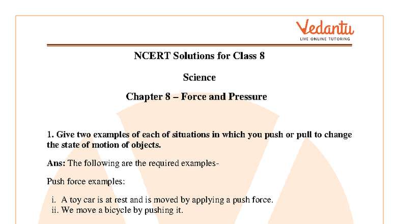 NCERT Solutions for Class 8 Science Chapter 8: Force and Pressure - Studocu