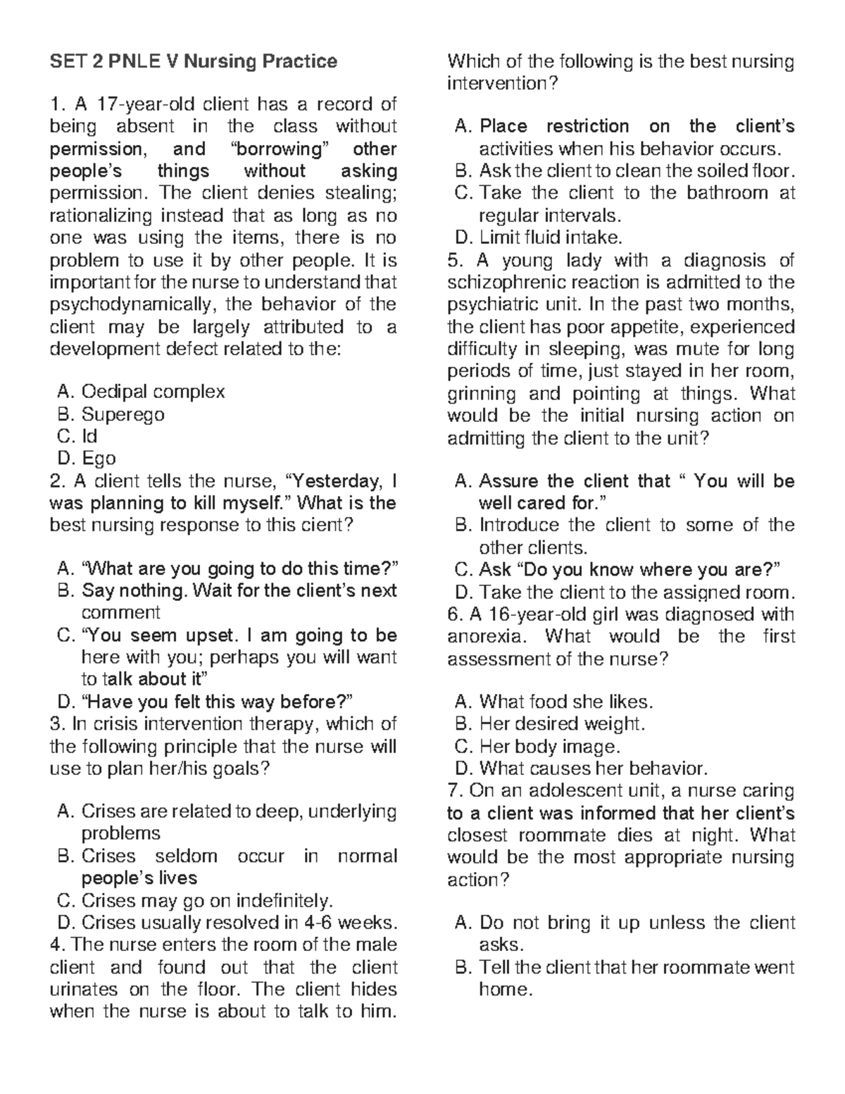 SET 2 PNLE V Nursing Practice: Key Concepts and Interventions - Studocu