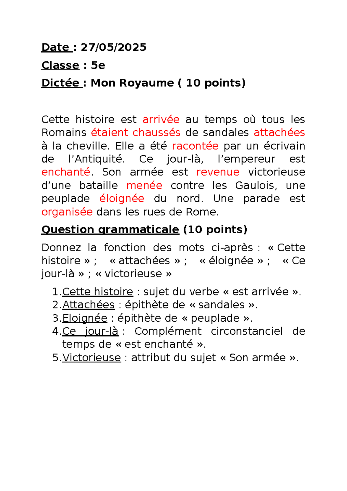 Dictée 5e : Mon Royaume et Questions Grammaticales (10 pts) - Studocu