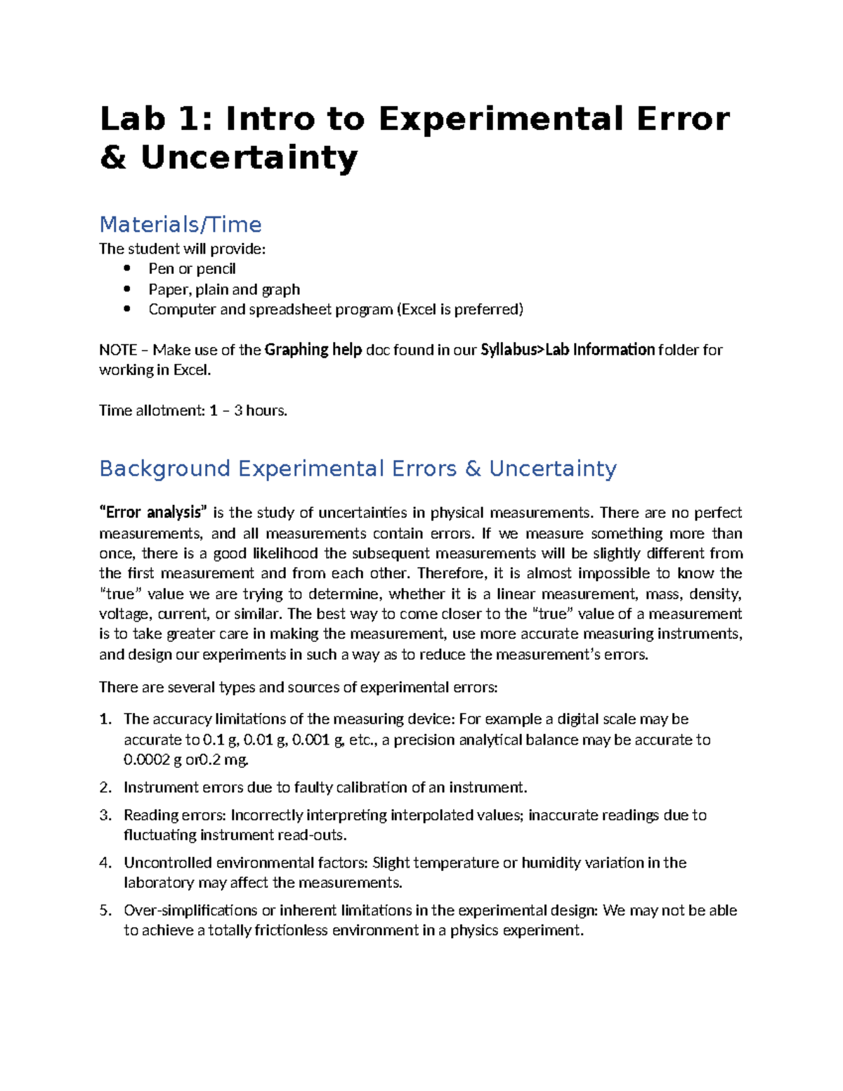 PHY2112 Lab 1: Analyzing Experimental Error and Uncertainty - Studocu