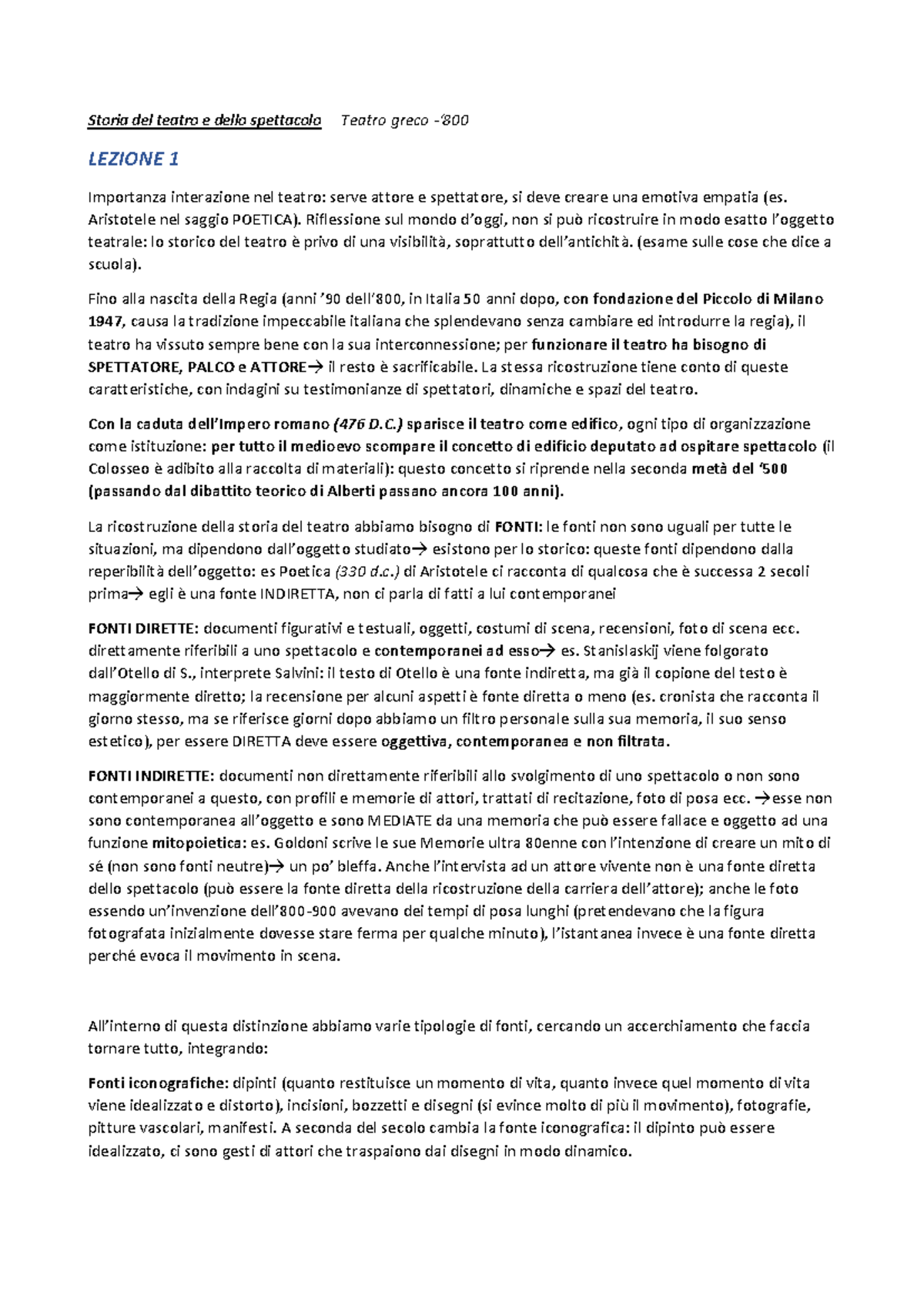 Storia del Teatro - Appunti di Lezione 1 e Fonti di Studio - Document Preview