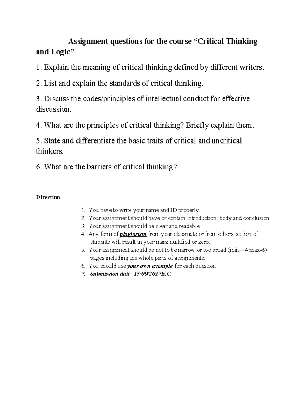 Critical Thinking Assignment Questions for Course THNK101 - Studocu