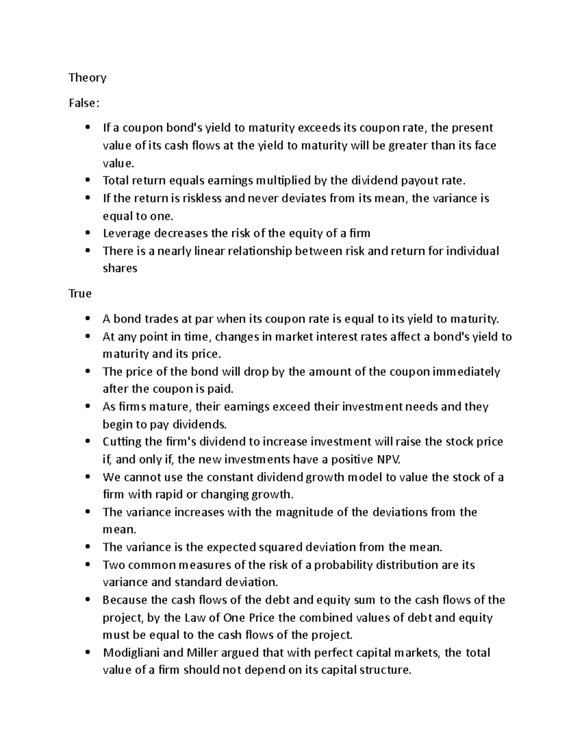 Theory of Finance - True/False Statements & Key Concepts - Studocu