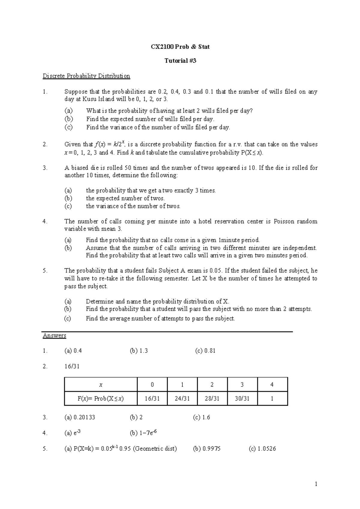 CX2100 Tutorial 3 - Discrete Probability Distribution Analysis - Studocu