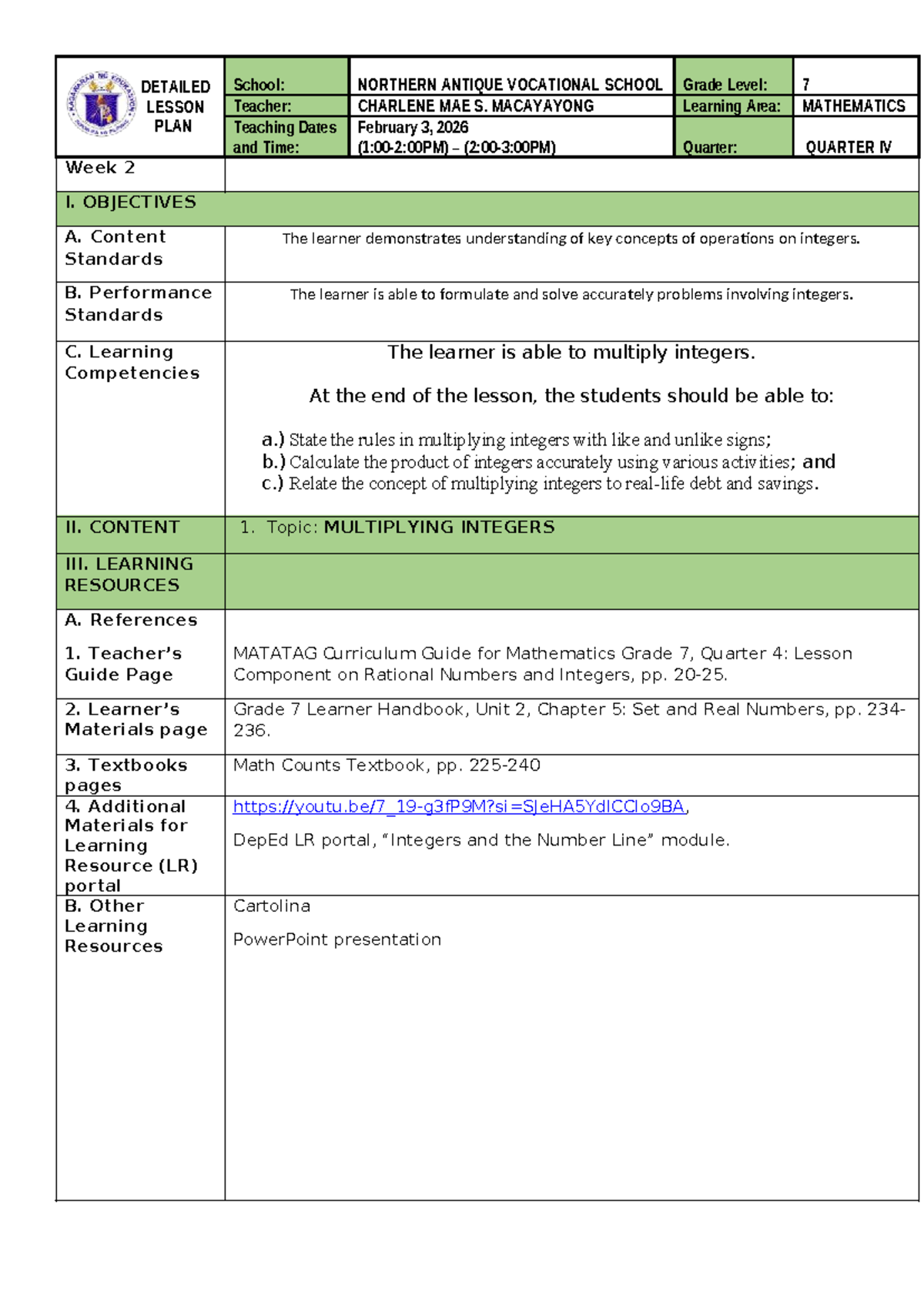 Lesson Plan: Multiplying Integers - Grade 7 Math (Quarter IV) - Studocu