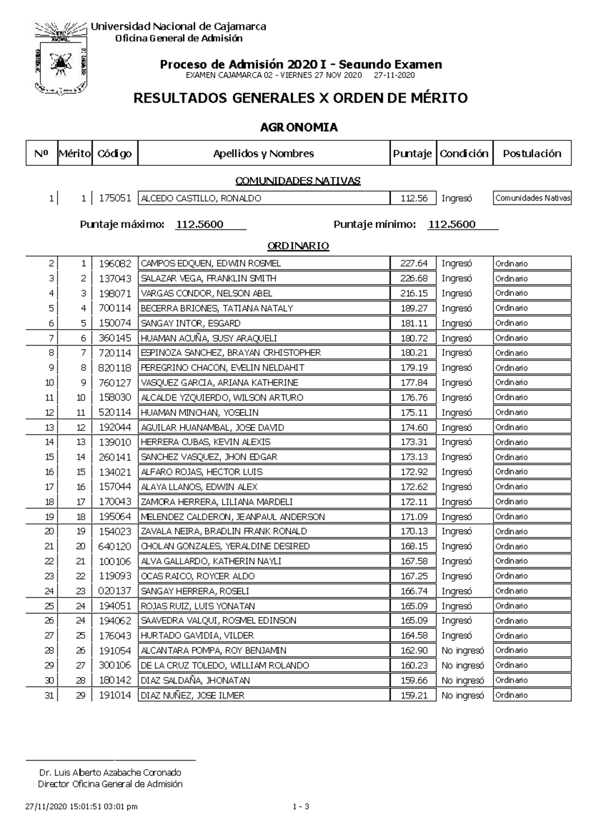 Resultados Generales del Segundo Examen de Admisión 2020 I - UNC CAJA - Document Preview