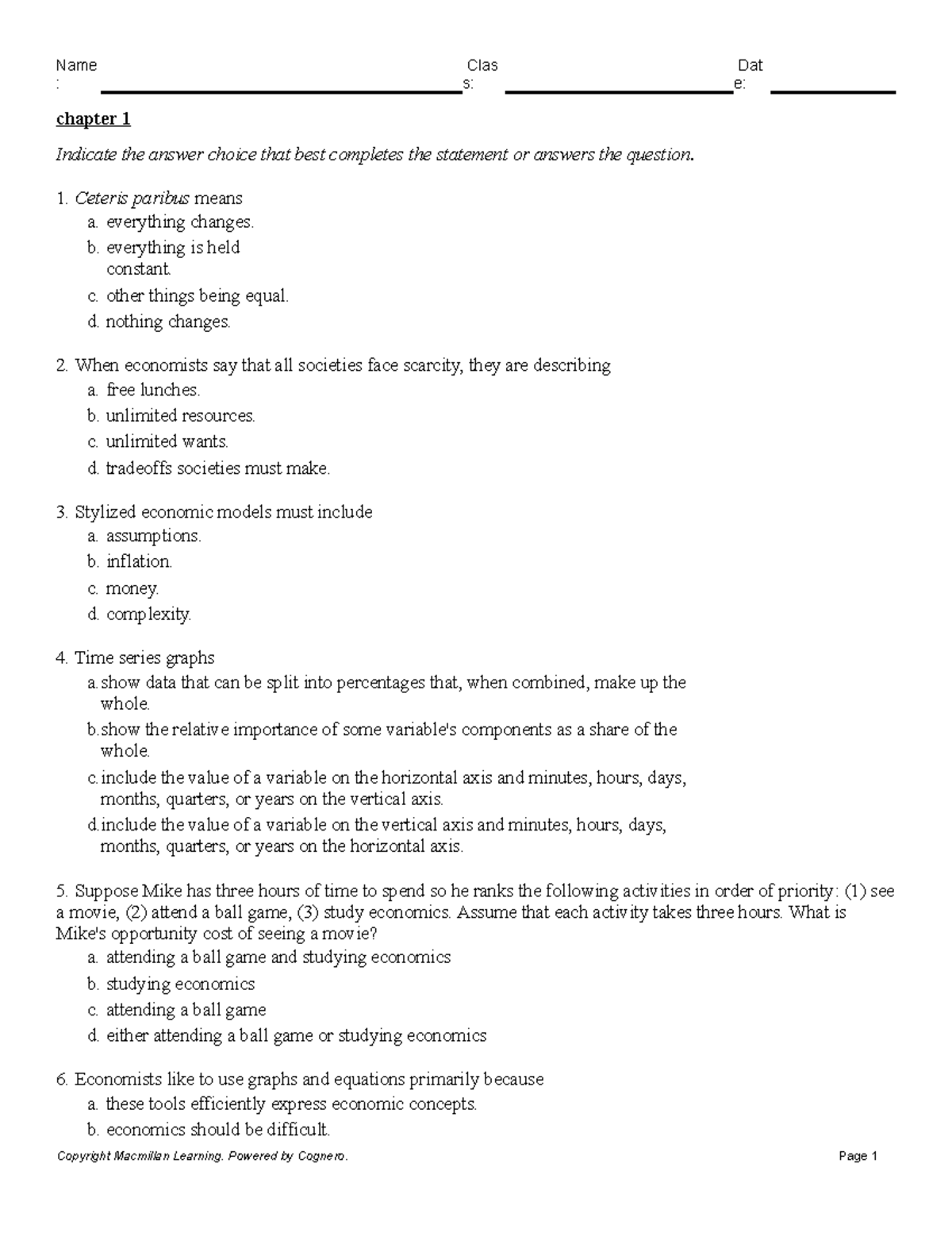 9781319218331 Test Bank chapter 1 - chapter 1 Indicate the answer ...