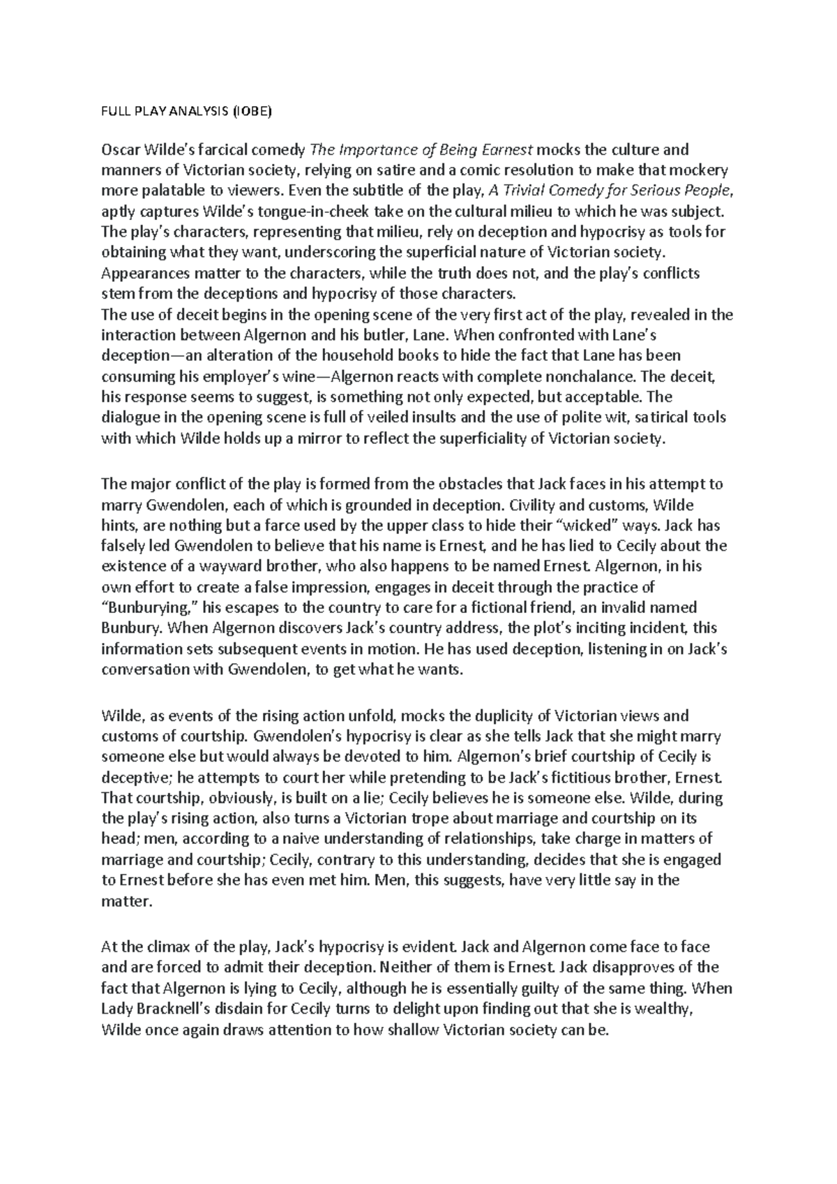 Play Analysis: The Importance of Being Earnest (IOBE) Insights - Studocu