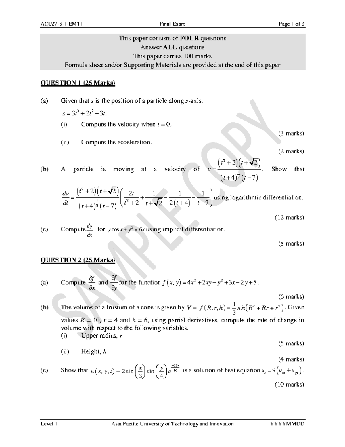 Sample Final Exam - Q for Level 1 APU - Studocu