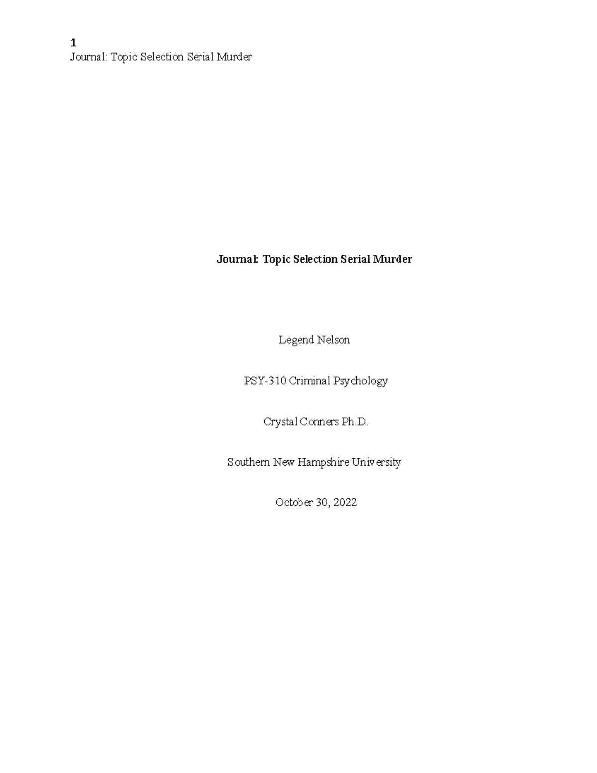 PSY-310 Journal: Topic Selection on Serial Murder and Its Analysis ...