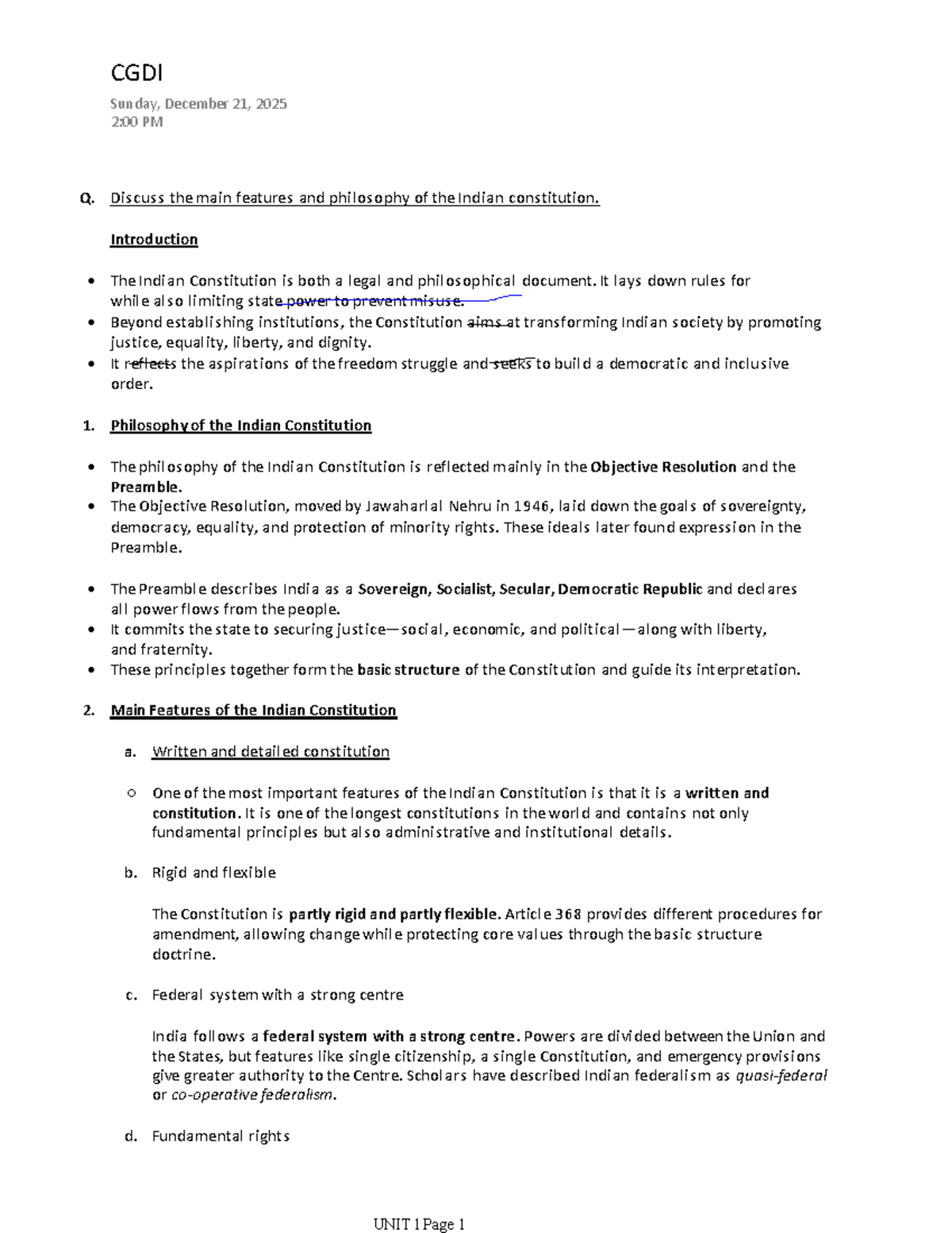 CGDI Notes: Key Features and Philosophy of the Indian Constitution ...