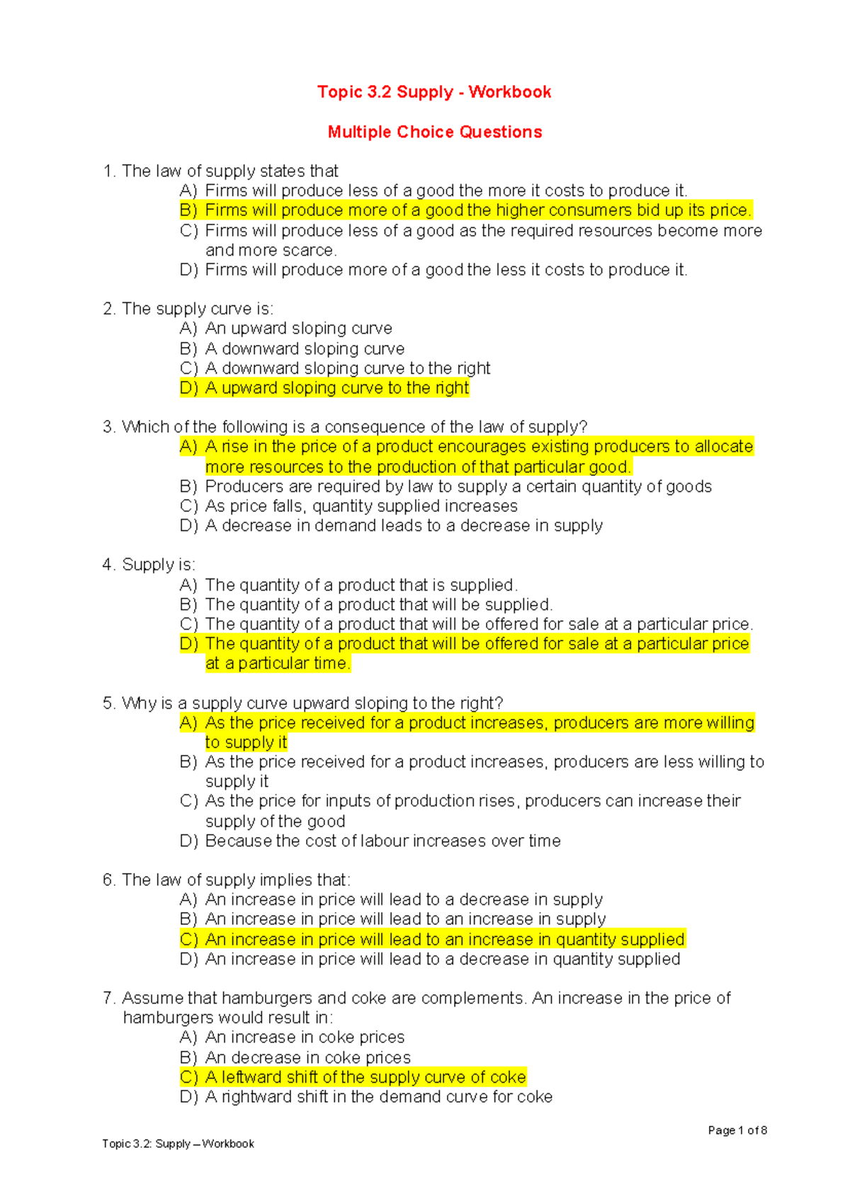 3.2 Supply - Workbook MCQs and Definitions - Studocu