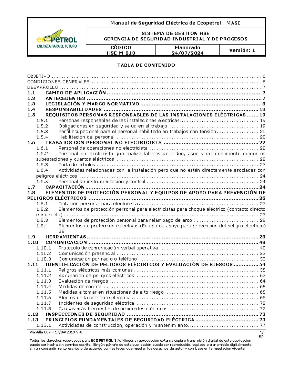 Manual de Seguridad Eléctrica - HSE-M-013 de Ecopetrol (Versión 2024) - Document Preview