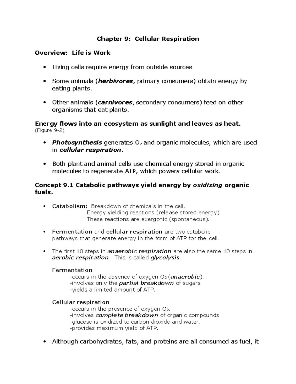 BIOL 120 Study Notes Chapter 9 Cell Respiration Fall 2020 - Chapter 9 ...