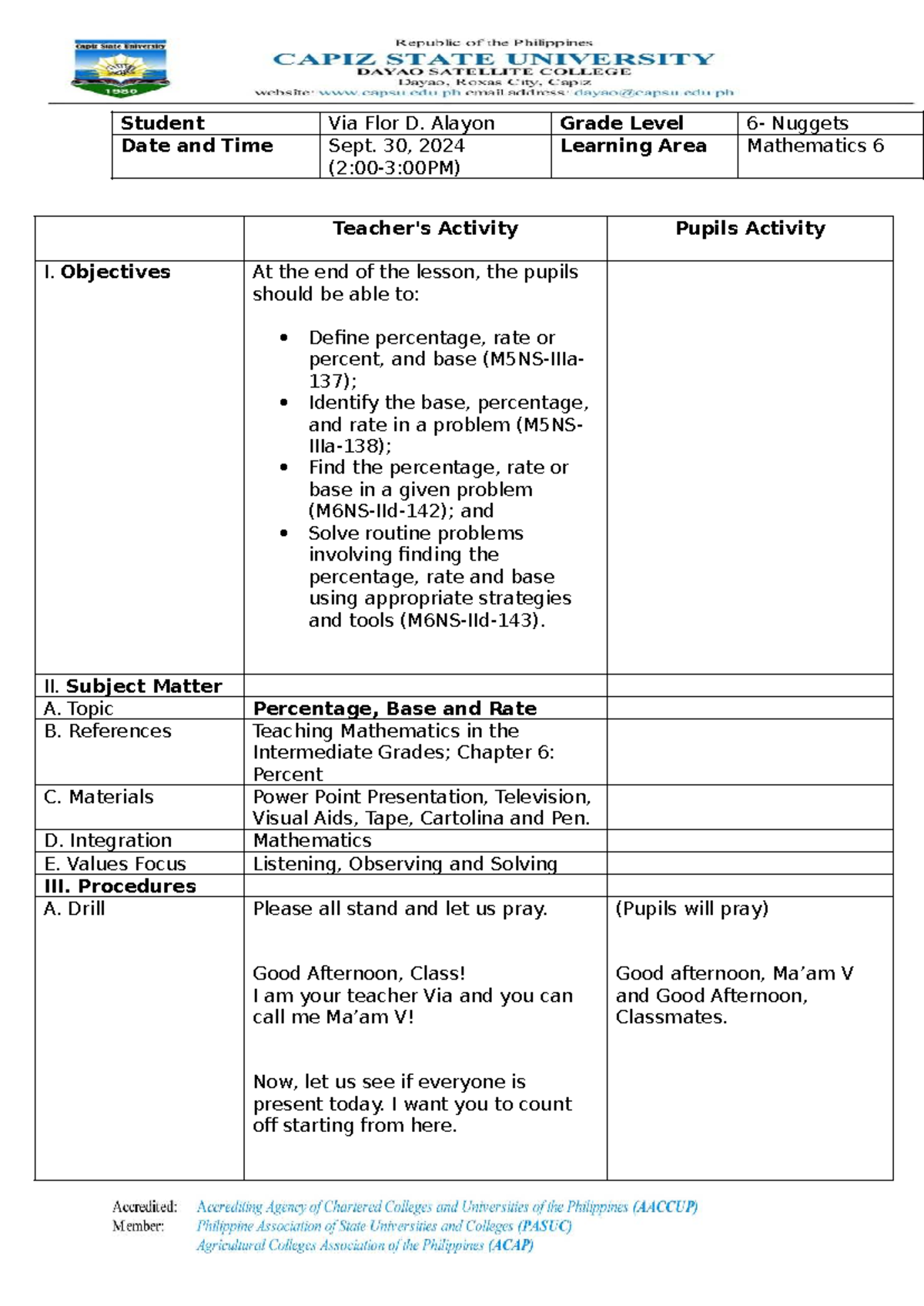 Mathematics 6 Lesson Plan: Understanding Percentage, Rate, and Base ...
