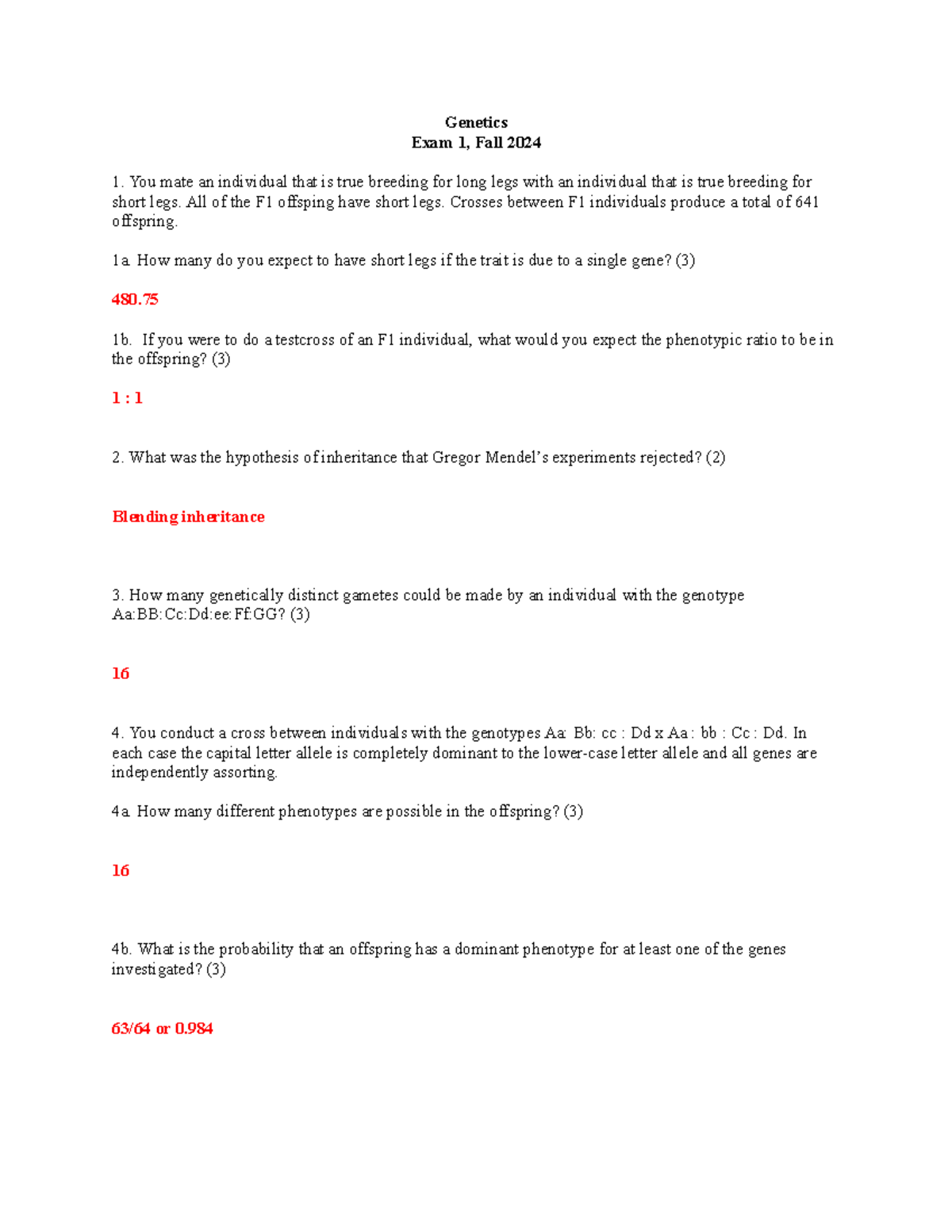Genetics Exam 1 Key Study Guide - Fall 2024 Insights - Studocu
