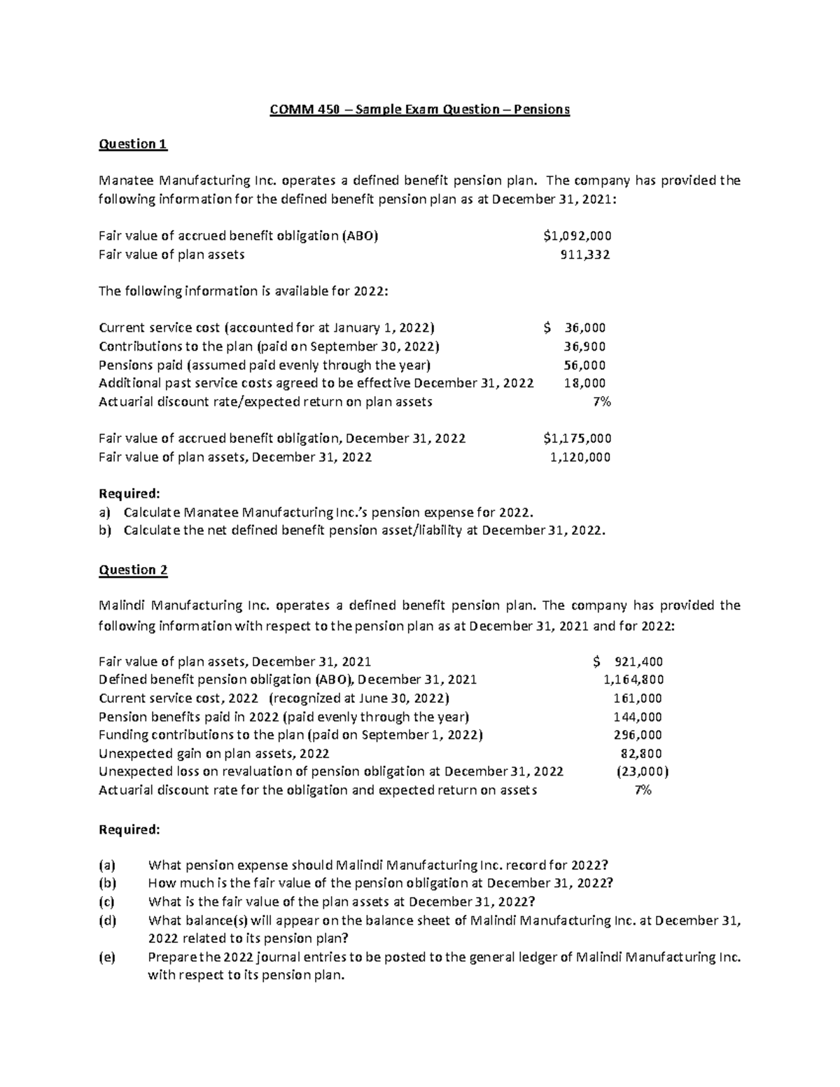 COMM 450 Sample Exam Questions on Pensions - Topic 7 - Studocu
