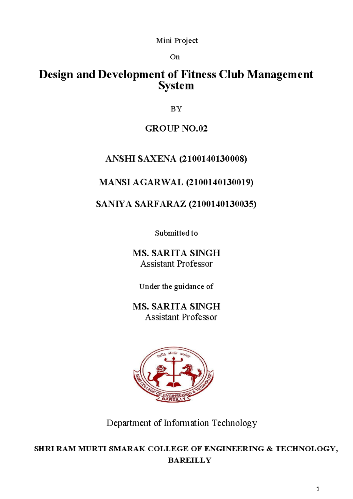IT 210 - Mini Project Report on Fitness Club Management System - Studocu