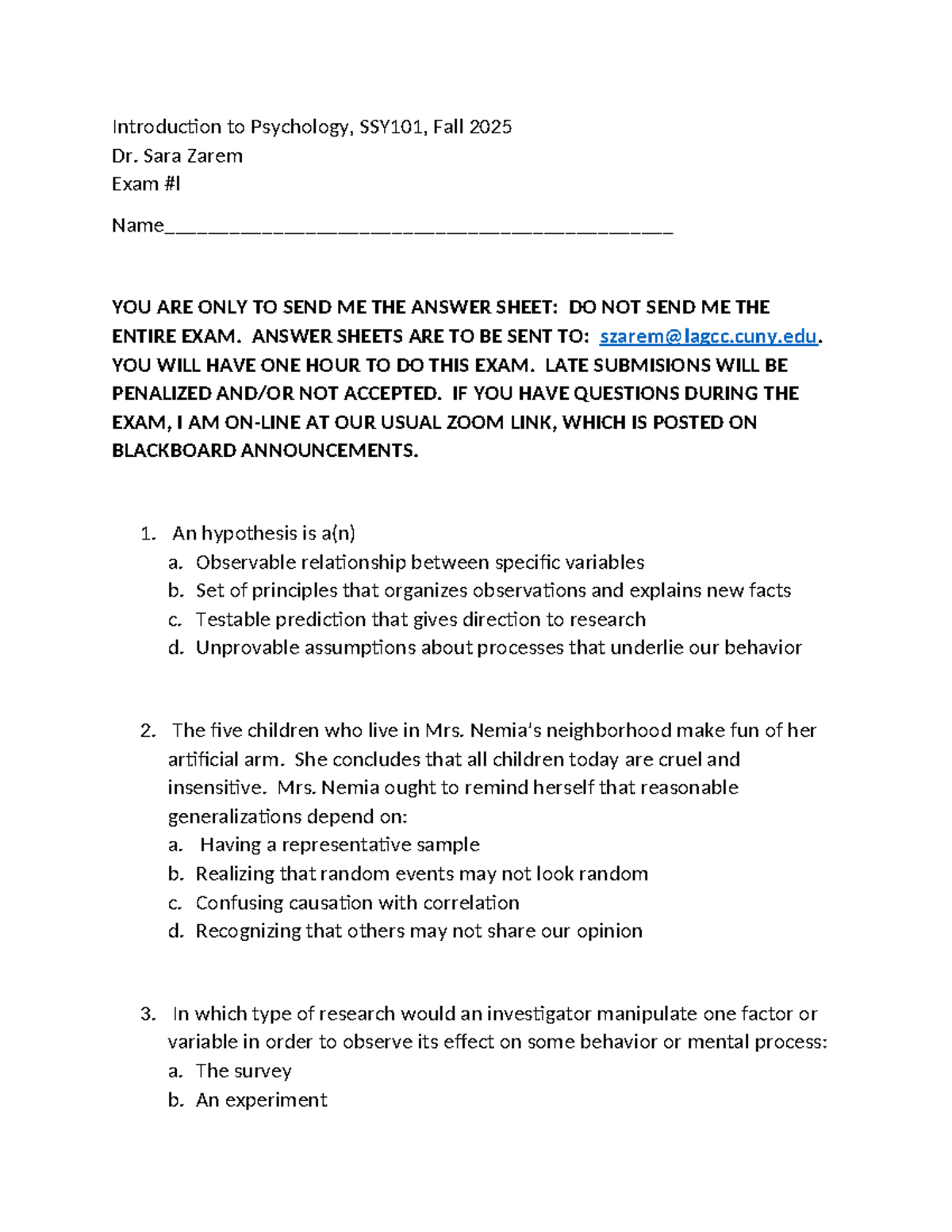 Exam #1 Review for Introduction to Psychology, SSY101, Fall 2025 - Studocu