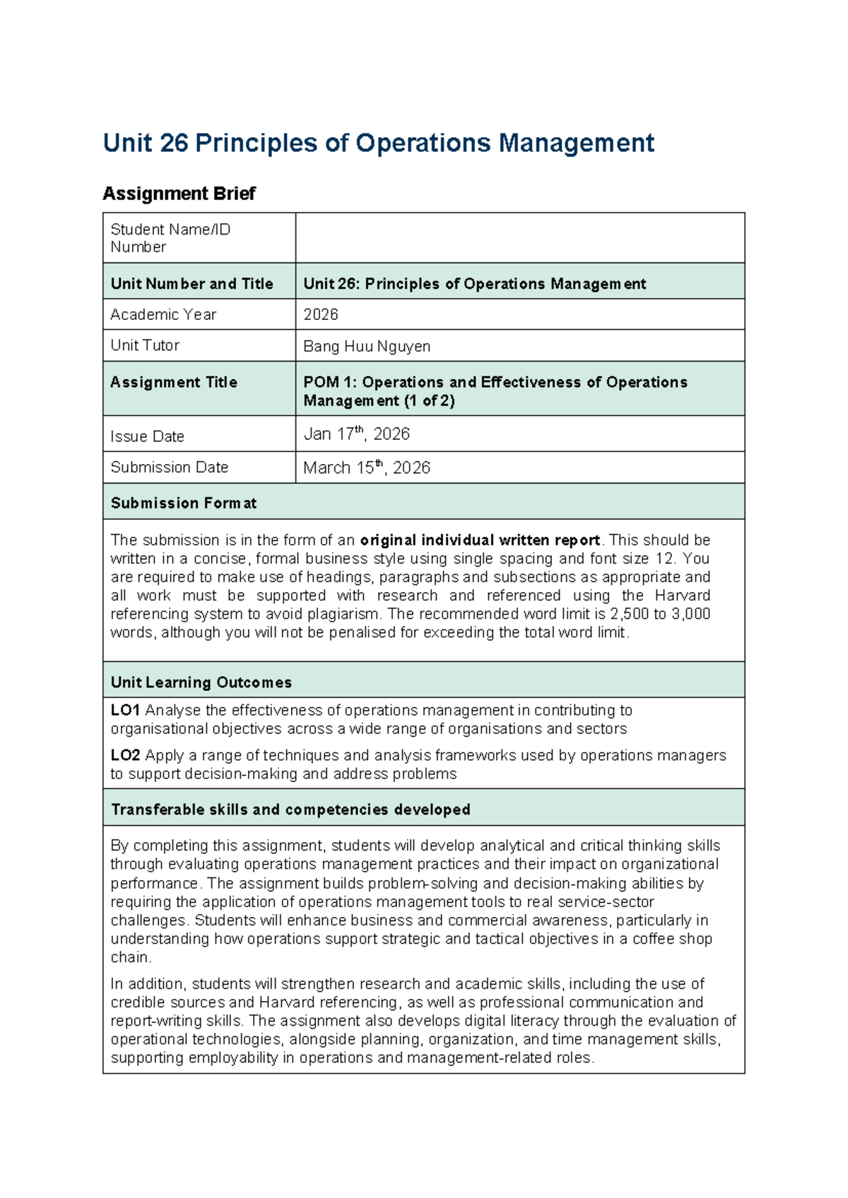 Unit 26: POM 1 - Operations Management Effectiveness Report (Spring ...