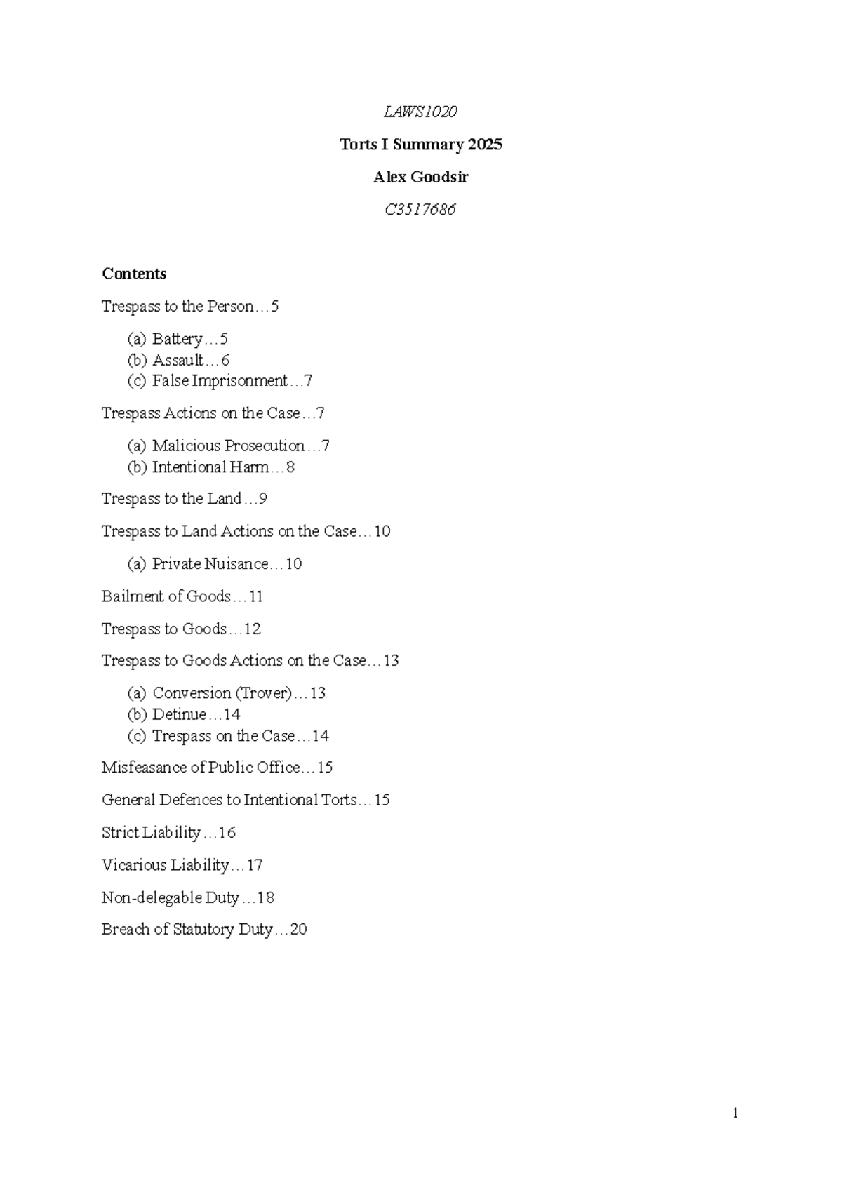 LAWS1020 Torts I Final Exam Notes Summary 2025 - Studocu