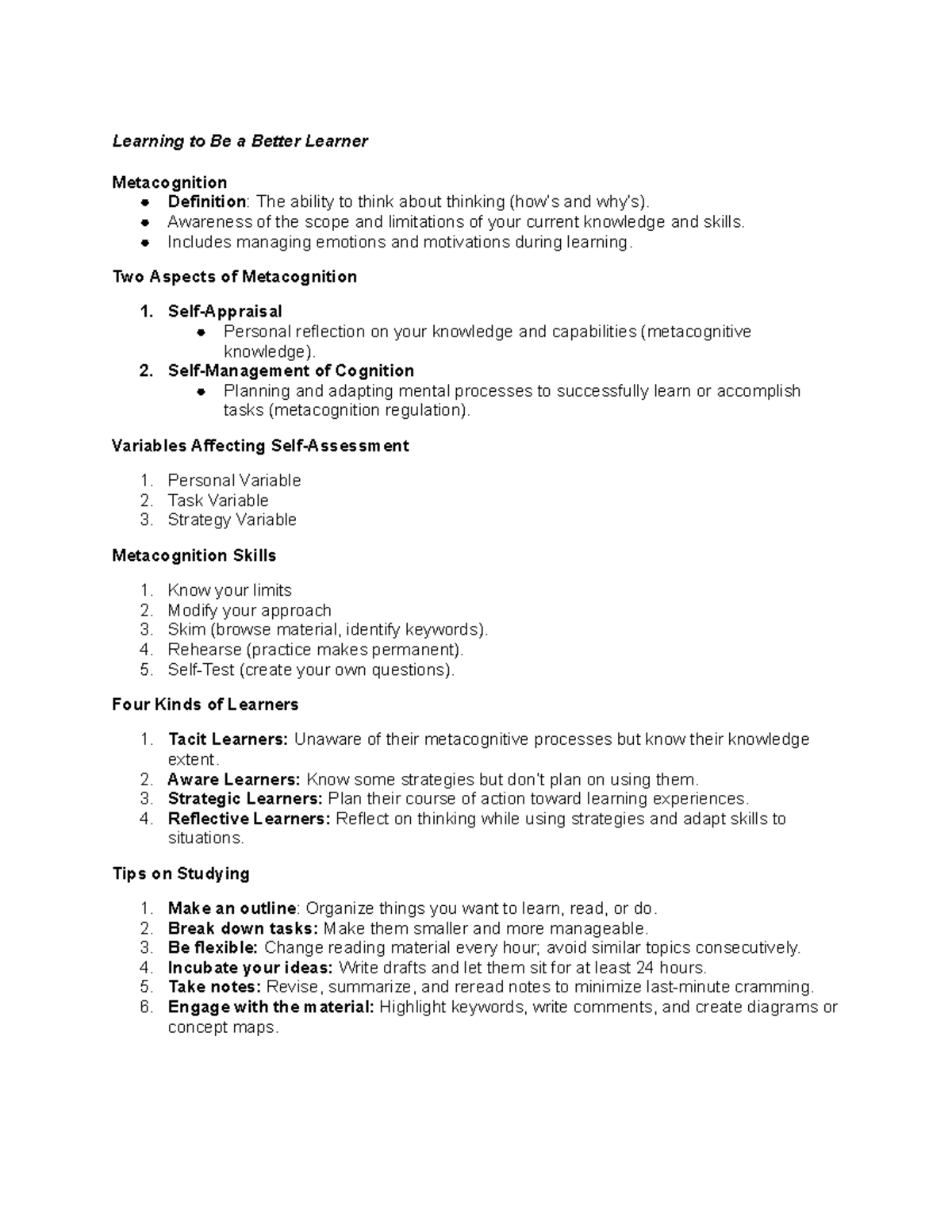 UTS Finals Reviewer: Enhancing Metacognition for Effective Learning ...