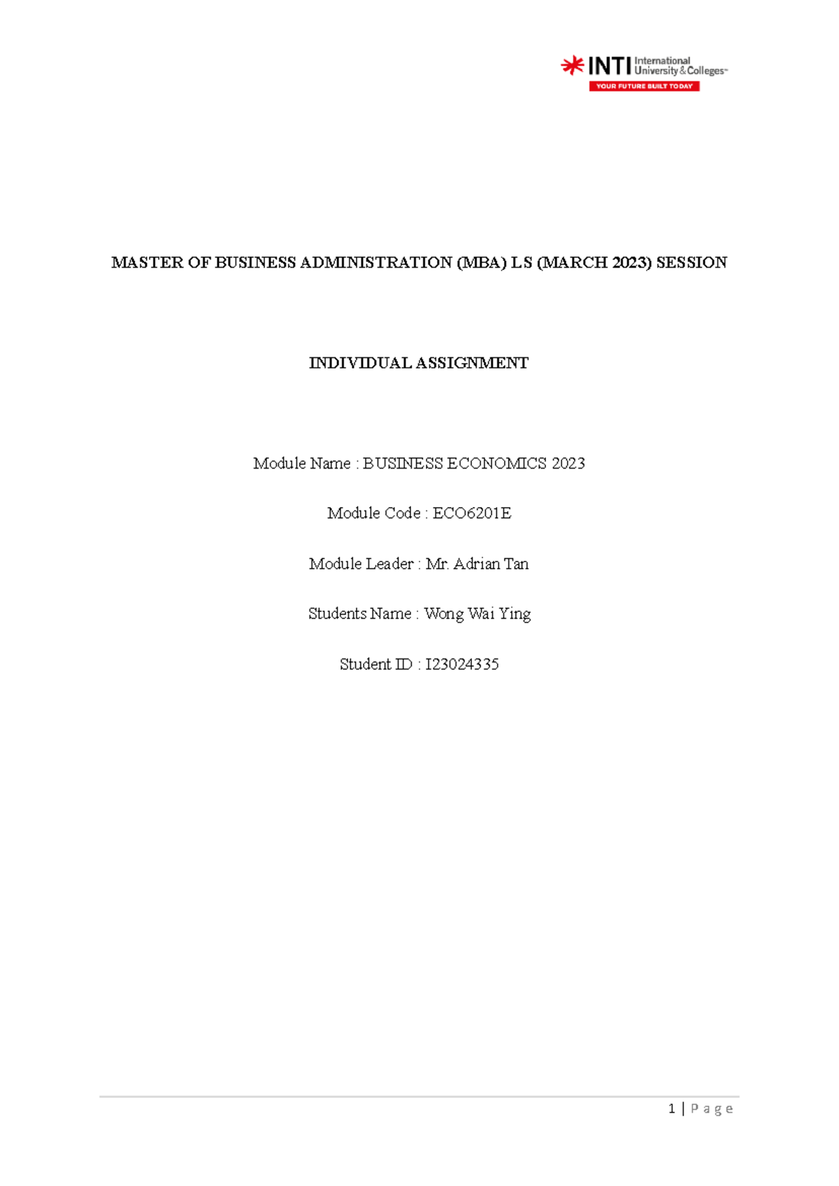 Assignment to Upload - business economy - ####### MASTER OF BUSINESS ...