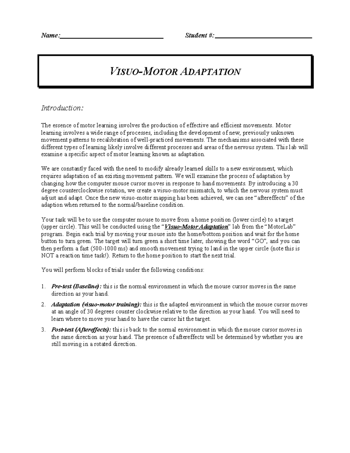 VISUO-MOTOR ADAPTATION - Lab Activity Report and Data Analysis - Studocu