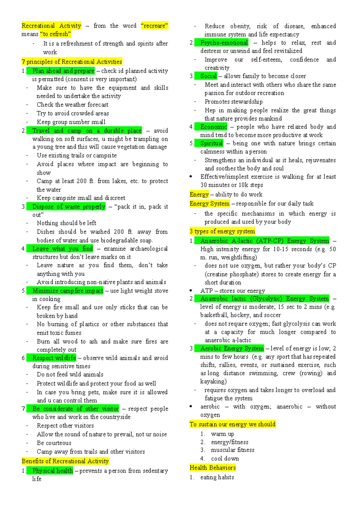 PE-Reviewer: Principles & Benefits of Recreational Activities - Studocu